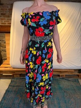 RIXO Black Off-Shoulder Maxi Dress with Red, Blue & Yellow Floral Print